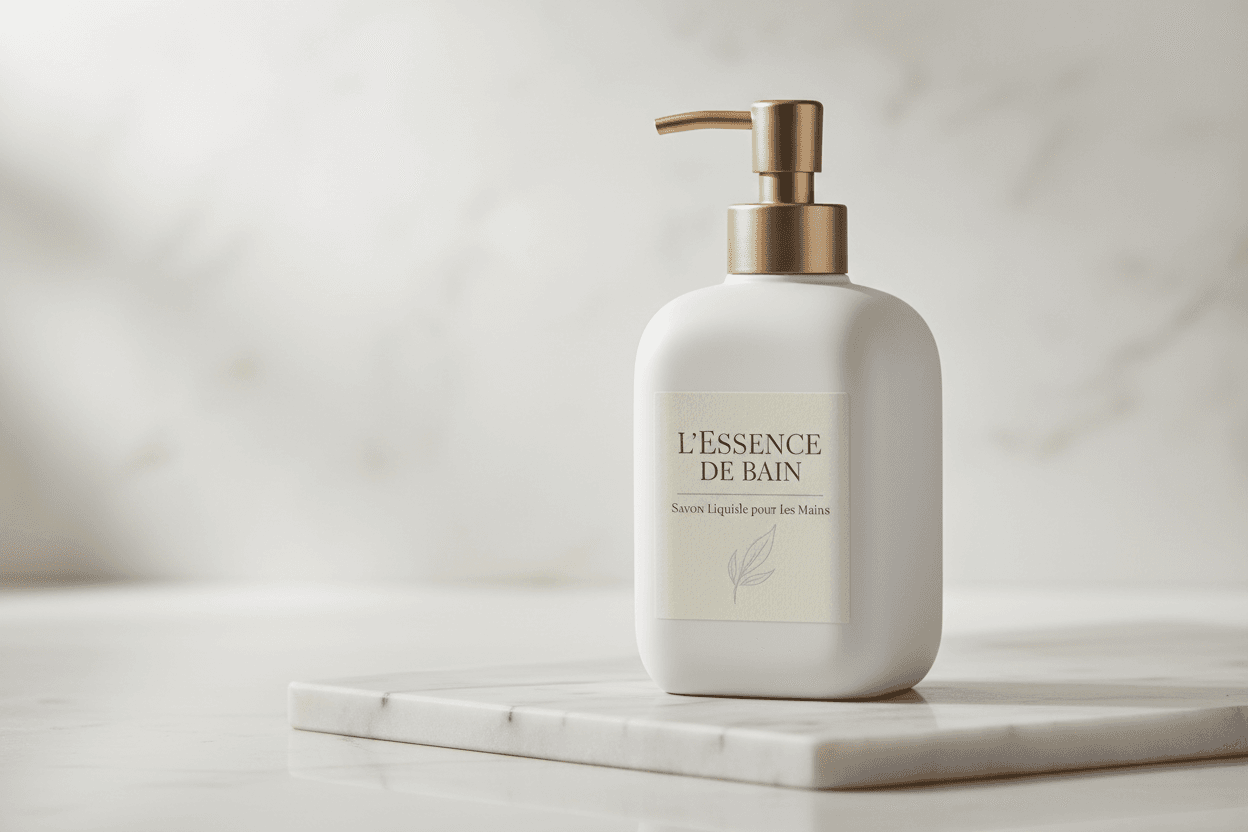 Elegant Linnevik hotel-style hand soap with a marble finish and engraved Swedish logo.